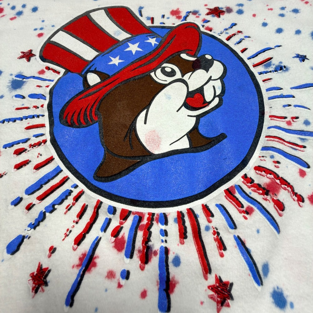 Buc-ee's Splatter Graphic T‎ Shirt Small White Red Blue Cotton Tee